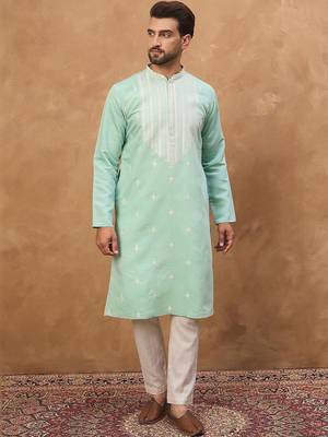 Men blue silk blend solid embroidered straight kurta with pant set 2