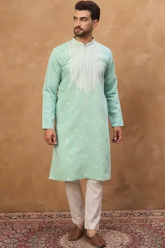 Men blue silk blend solid embroidered straight kurta with pant set