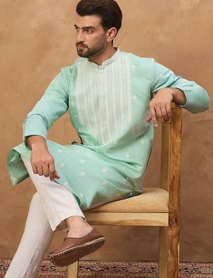 Men blue silk blend solid embroidered straight kurta with pant set 3