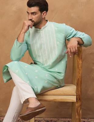 Men blue silk blend solid embroidered straight kurta with pant set 4
