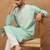 Men blue silk blend solid embroidered straight kurta with pant set