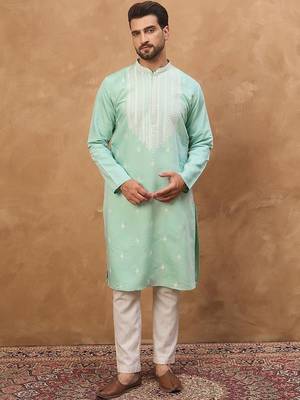 Men blue silk blend solid embroidered straight kurta with pant set 5