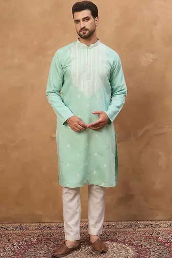 Men blue silk blend solid embroidered straight kurta with pant set