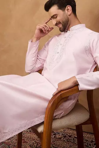 Men pink silk blend solid embroidered straight kurta with pant set