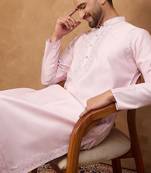Men pink silk blend solid embroidered straight kurta with pant set