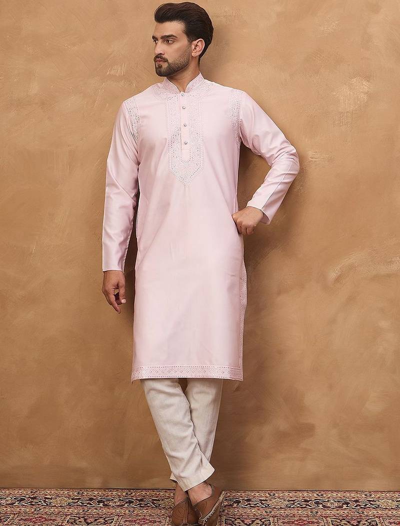 Men pink silk blend solid embroidered straight kurta with pant set