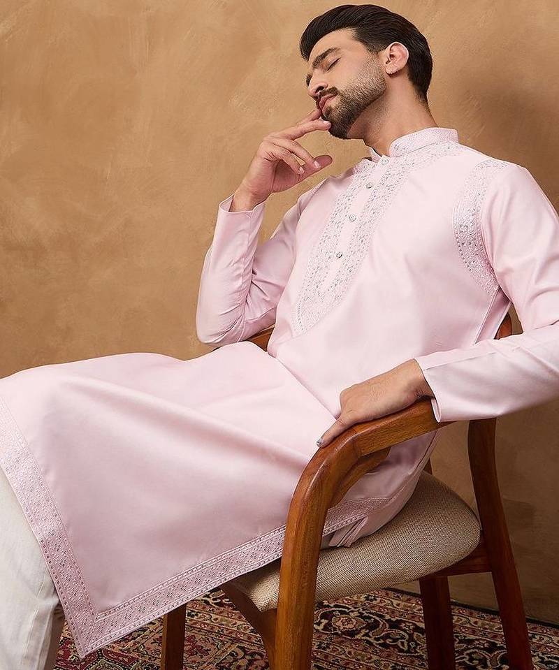 Men pink silk blend solid embroidered straight kurta with pant set