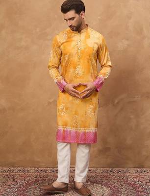 Men yellow silk blend batik embroidered straight kurta with pant set 1