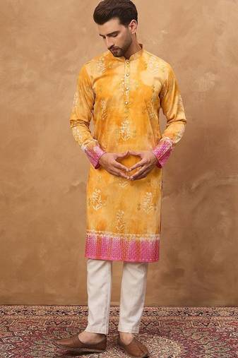 Men yellow silk blend batik embroidered straight kurta with pant set