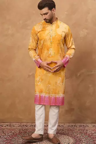 Men yellow silk blend batik embroidered straight kurta with pant set