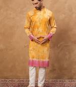 Men yellow silk blend batik embroidered straight kurta with pant set