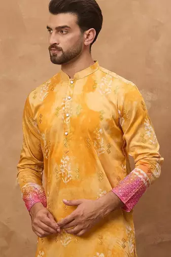 Men yellow silk blend batik embroidered straight kurta with pant set