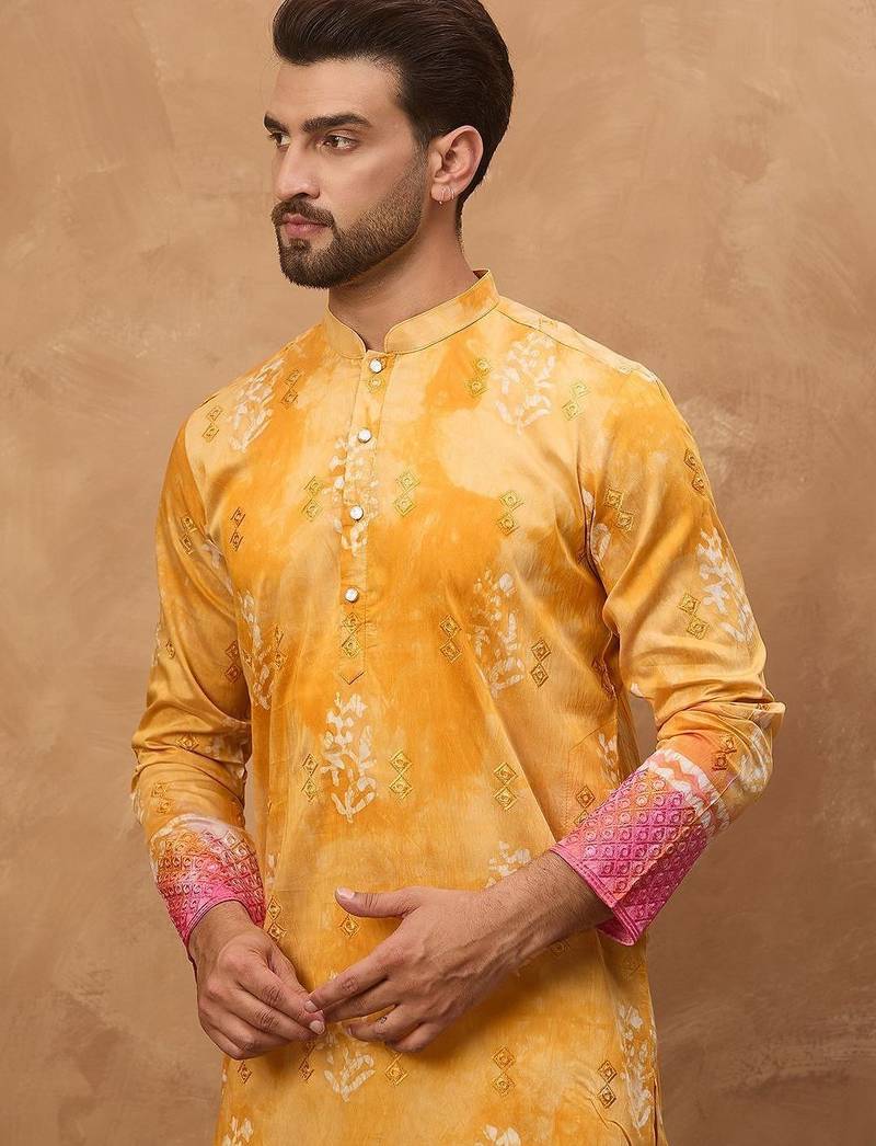 Men yellow silk blend batik embroidered straight kurta with pant set