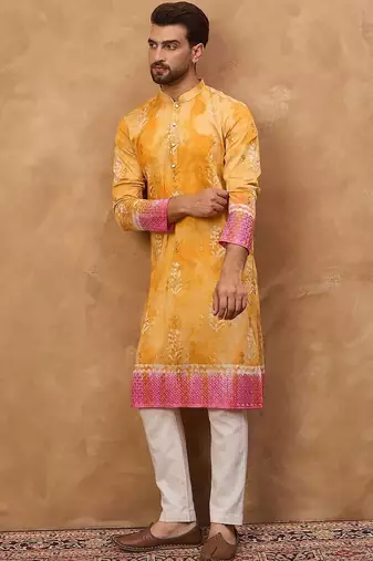 Men yellow silk blend batik embroidered straight kurta with pant set