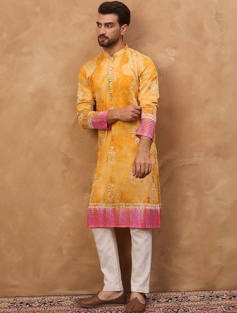 Men yellow silk blend batik embroidered straight kurta with pant set