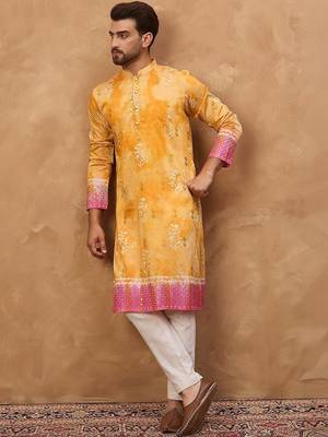 Men yellow silk blend batik embroidered straight kurta with pant set 4
