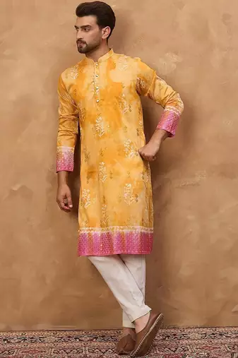 Men yellow silk blend batik embroidered straight kurta with pant set