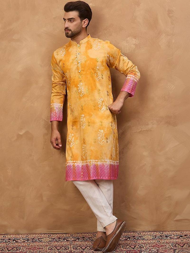 Men yellow silk blend batik embroidered straight kurta with pant set