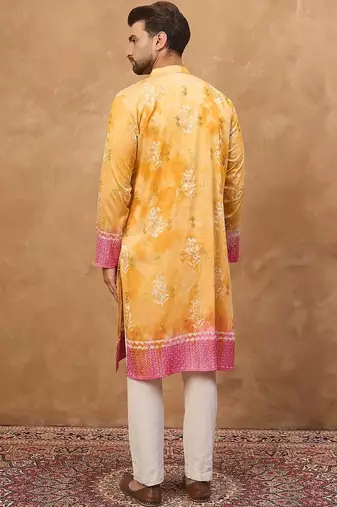 Men yellow silk blend batik embroidered straight kurta with pant set