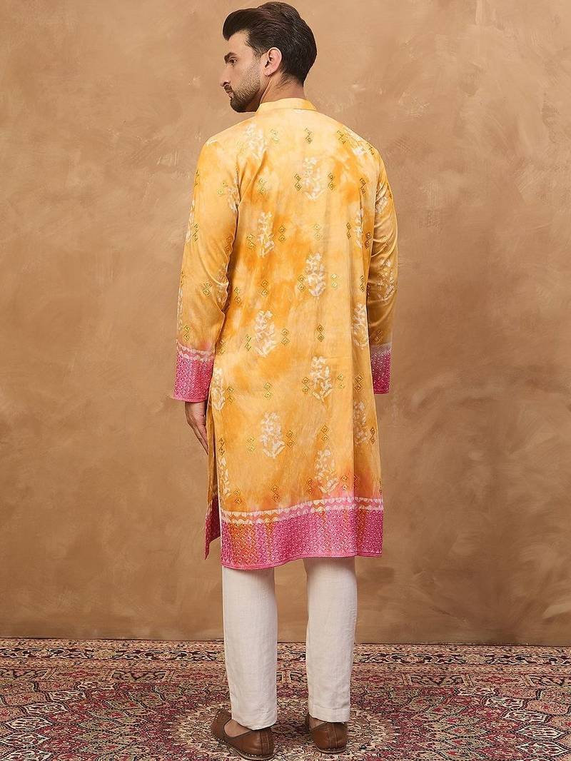 Men yellow silk blend batik embroidered straight kurta with pant set