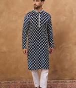 Men green silk blend batik embroidered straight kurta with pant set