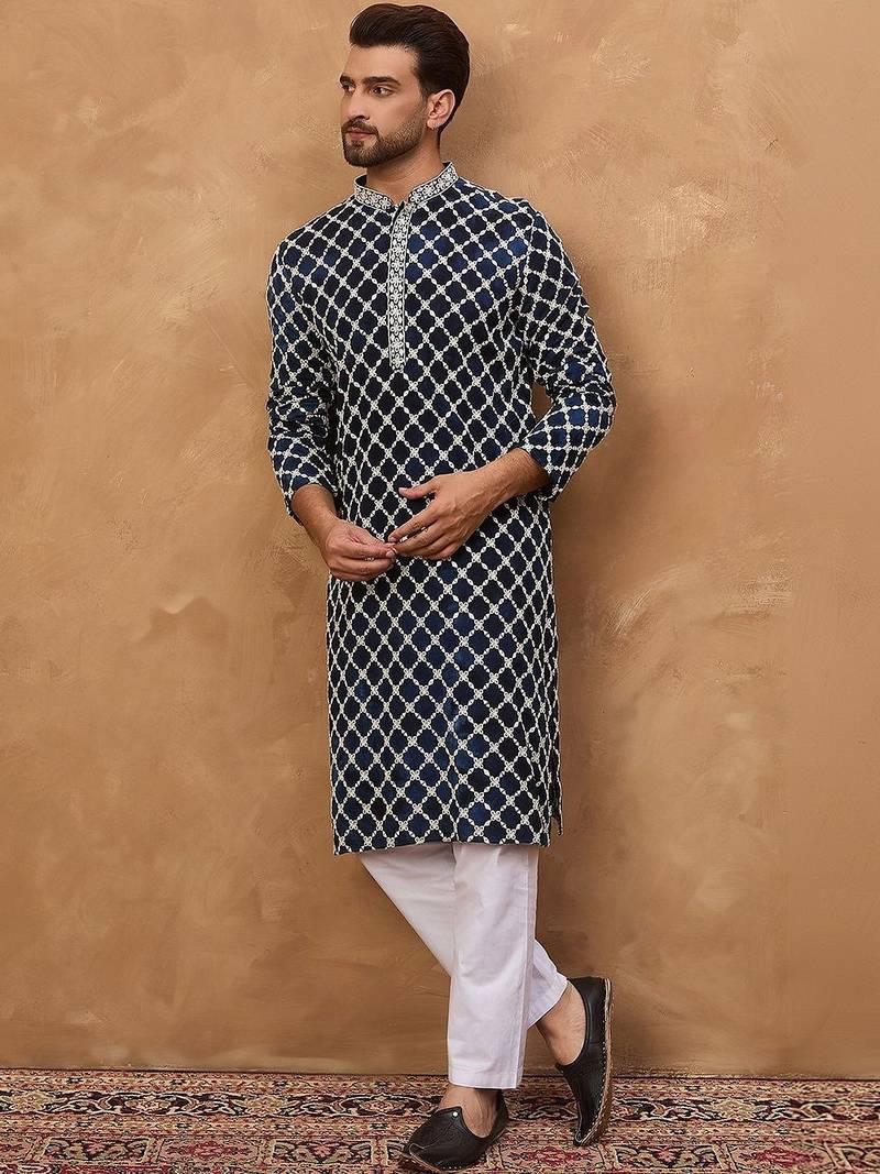 Men green silk blend batik embroidered straight kurta with pant set