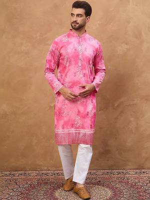 Men pink silk blend batik embroidered straight kurta with pant set 1