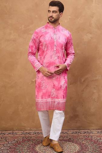 Men pink silk blend batik embroidered straight kurta with pant set