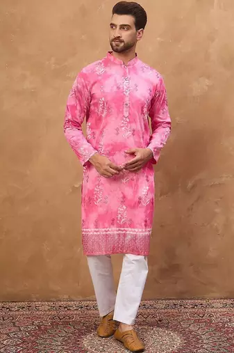 Men pink silk blend batik embroidered straight kurta with pant set