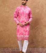 Men pink silk blend batik embroidered straight kurta with pant set