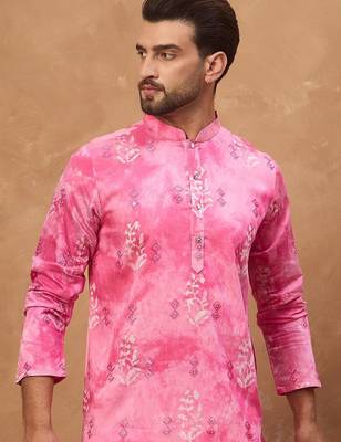 Men pink silk blend batik embroidered straight kurta with pant set 2