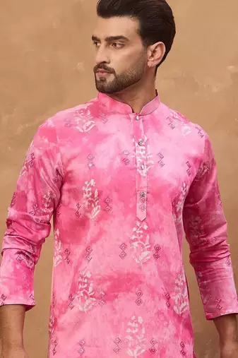Men pink silk blend batik embroidered straight kurta with pant set