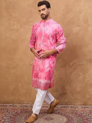 Men pink silk blend batik embroidered straight kurta with pant set 3