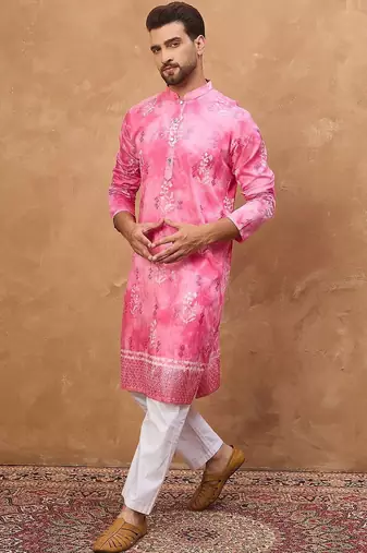 Men pink silk blend batik embroidered straight kurta with pant set