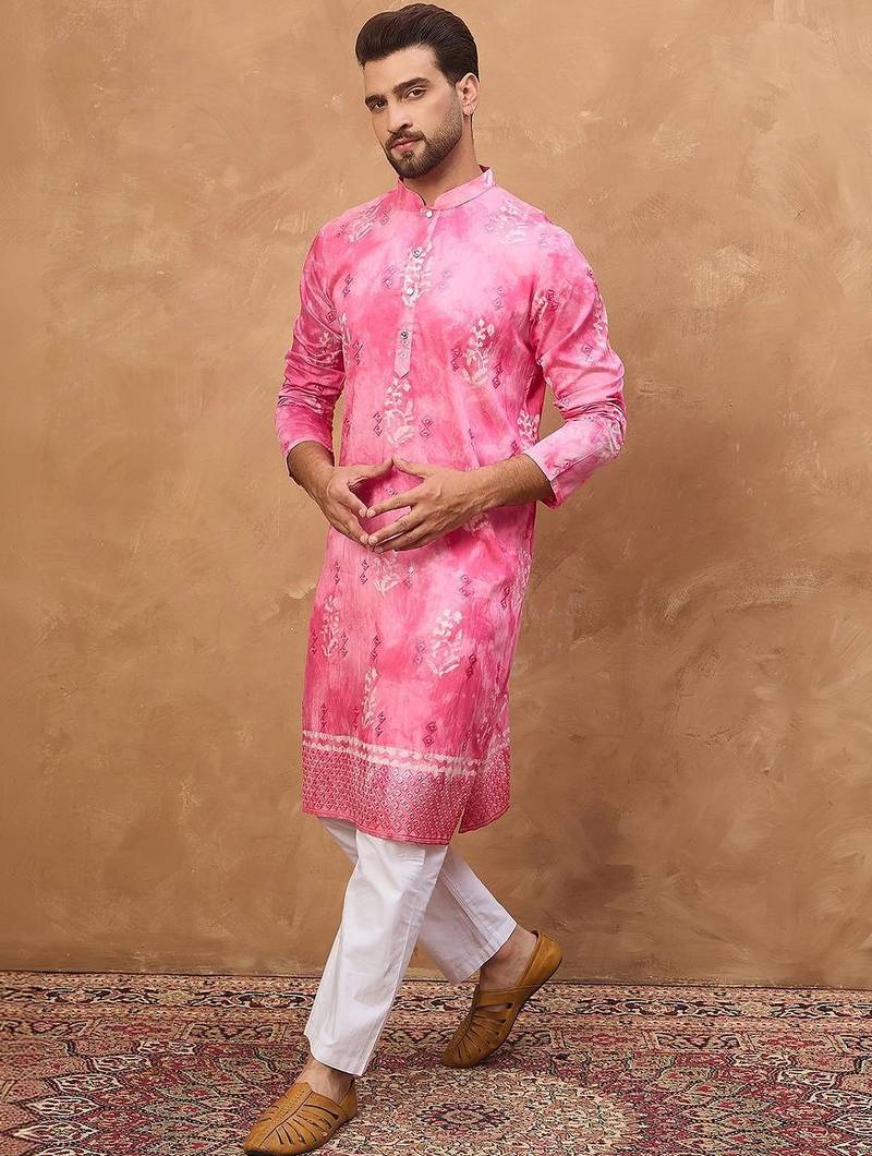 Men pink silk blend batik embroidered straight kurta with pant set