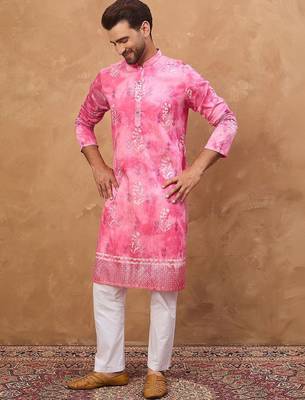 Men pink silk blend batik embroidered straight kurta with pant set 4