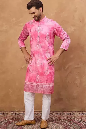 Men pink silk blend batik embroidered straight kurta with pant set