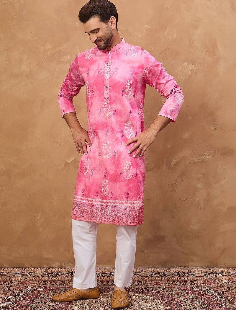Men pink silk blend batik embroidered straight kurta with pant set