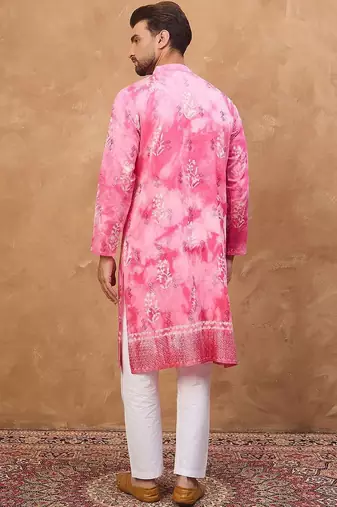 Men pink silk blend batik embroidered straight kurta with pant set