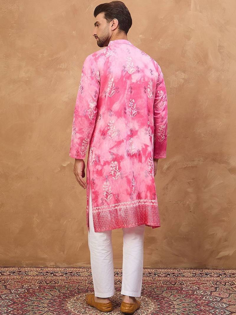 Men pink silk blend batik embroidered straight kurta with pant set