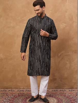 Men black silk blend geometric printed straight kurta with pant set 1