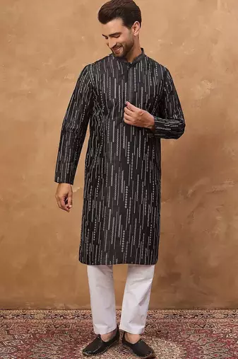 Men black silk blend geometric printed straight kurta with pant set