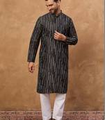 Men black silk blend geometric printed straight kurta with pant set
