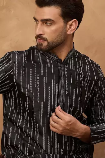 Men black silk blend geometric printed straight kurta with pant set