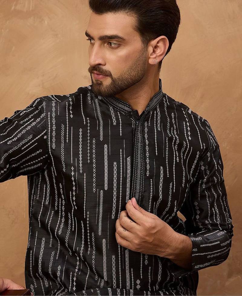 Men black silk blend geometric printed straight kurta with pant set