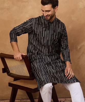 Men black silk blend geometric printed straight kurta with pant set 3