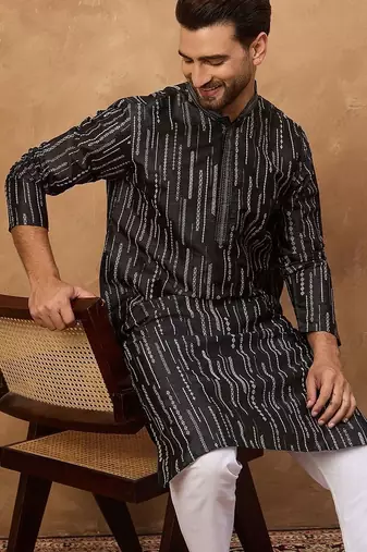 Men black silk blend geometric printed straight kurta with pant set