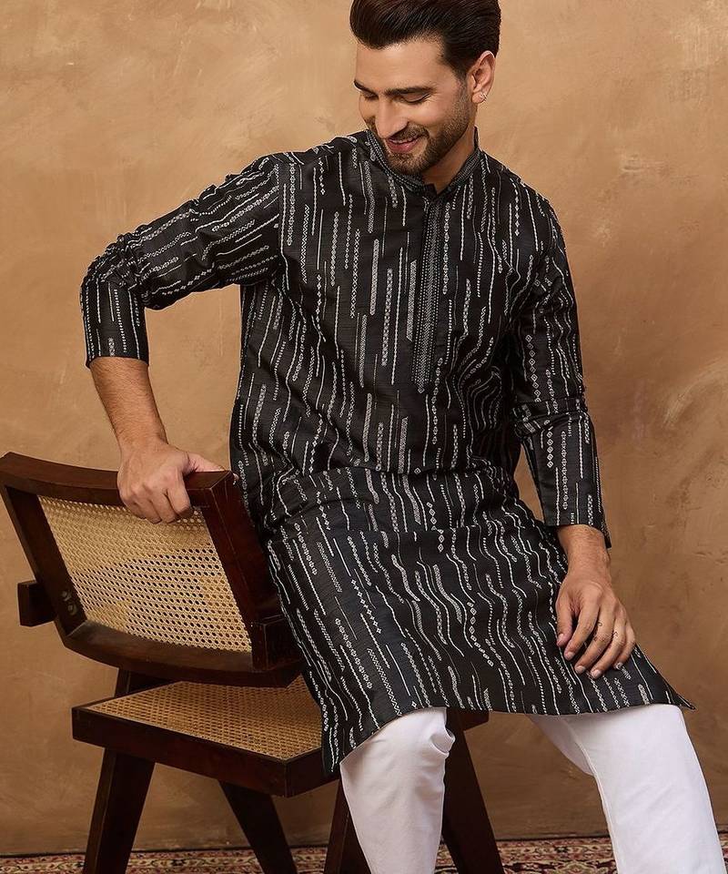 Men black silk blend geometric printed straight kurta with pant set