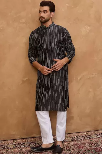 Men black silk blend geometric printed straight kurta with pant set