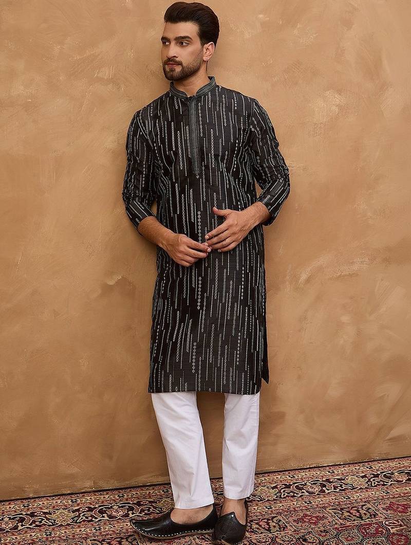 Men black silk blend geometric printed straight kurta with pant set